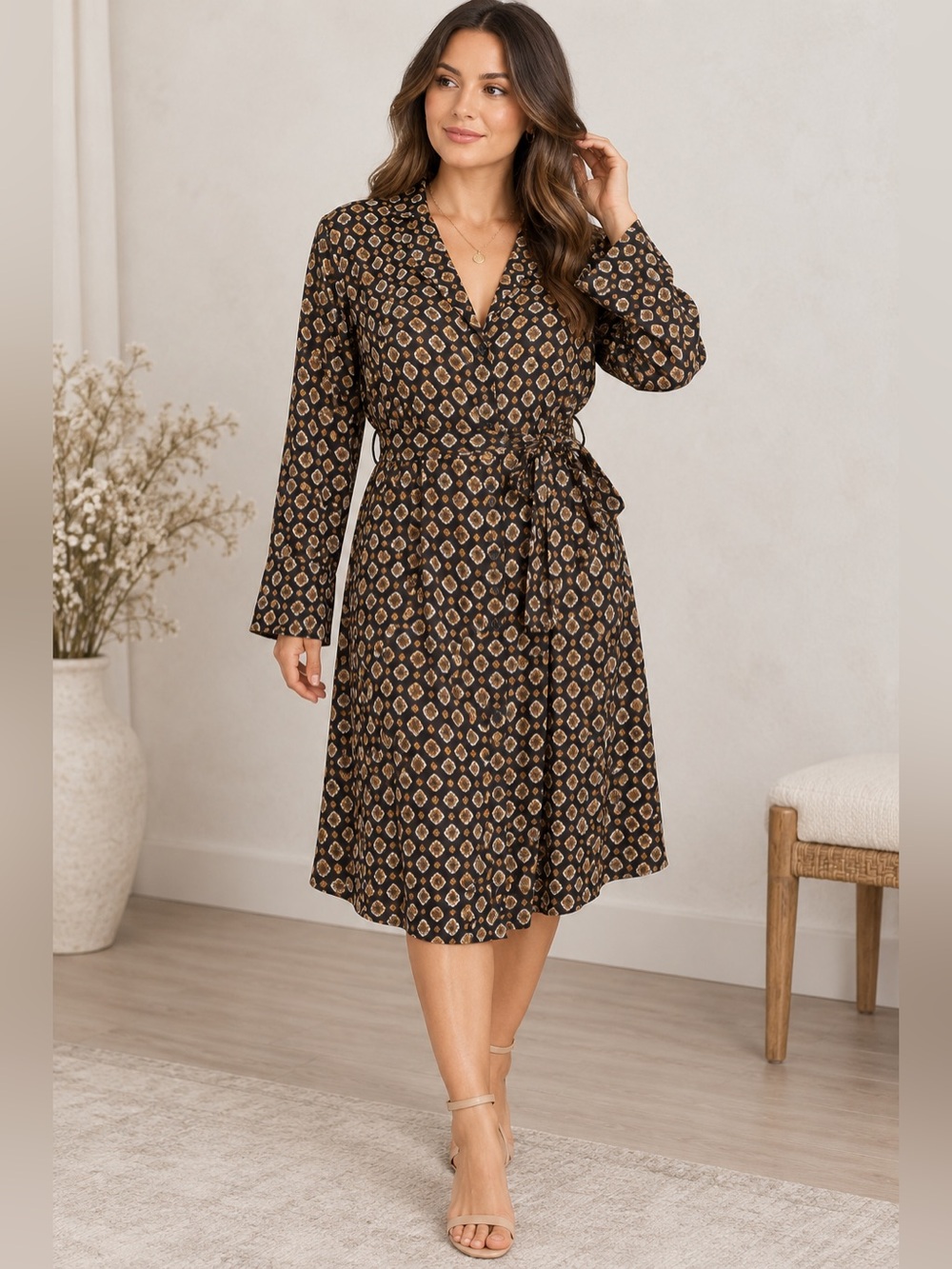Michael Michael Kors Black Medallion Print Belted Shirt Dress Size L NWT